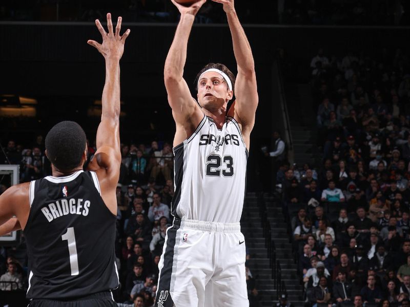 BROOKLYN, NY - FEBRUARY 10: Zach Collins #23 of the San Antonio Spurs three point basket during the game against the Brooklyn Nets on February 10, 2024 at Barclays Center in Brooklyn, New York. NOTE TO USER: User expressly acknowledges and agrees that, by downloading and or using this Photograph, user is consenting to the terms and conditions of the Getty Images License Agreement. Mandatory Copyright Notice: Copyright 2024 NBAE (Photo by Nathaniel S. Butler/NBAE via Getty Images)