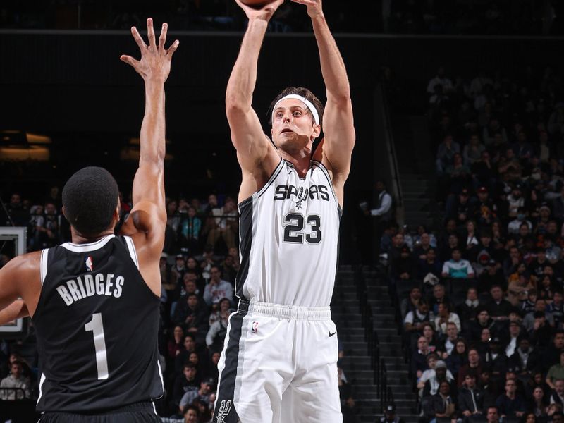 BROOKLYN, NY - FEBRUARY 10: Zach Collins #23 of the San Antonio Spurs three point basket during the game against the Brooklyn Nets on February 10, 2024 at Barclays Center in Brooklyn, New York. NOTE TO USER: User expressly acknowledges and agrees that, by downloading and or using this Photograph, user is consenting to the terms and conditions of the Getty Images License Agreement. Mandatory Copyright Notice: Copyright 2024 NBAE (Photo by Nathaniel S. Butler/NBAE via Getty Images)