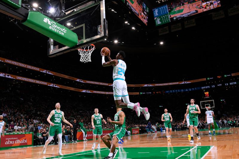 BOSTON, MA - APRIL 12:  Brandon Miller #24 of the Charlotte Hornets drives to the basket during the game against the Boston Celtics on April 12, 2024 at the TD Garden in Boston, Massachusetts. NOTE TO USER: User expressly acknowledges and agrees that, by downloading and or using this photograph, User is consenting to the terms and conditions of the Getty Images License Agreement. Mandatory Copyright Notice: Copyright 2024 NBAE  (Photo by Brian Babineau/NBAE via Getty Images)