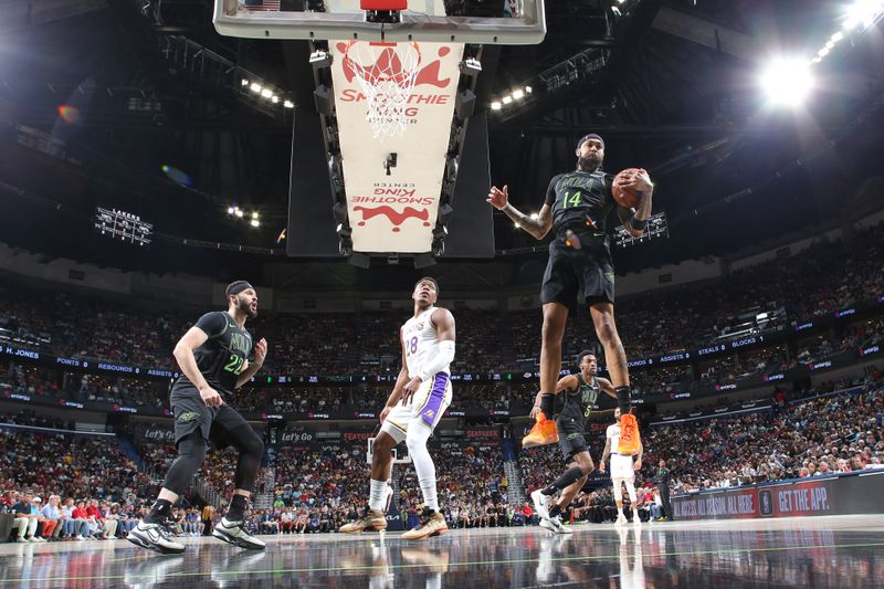 NEW ORLEANS, LA - APRIL 14: Brandon Ingram #14 of the New Orleans Pelicans rebounds the ball during the game against the Los Angeles Lakers on April 14, 2024 at the Smoothie King Center in New Orleans, Louisiana. NOTE TO USER: User expressly acknowledges and agrees that, by downloading and or using this Photograph, user is consenting to the terms and conditions of the Getty Images License Agreement. Mandatory Copyright Notice: Copyright 2024 NBAE (Photo by Layne Murdoch Jr./NBAE via Getty Images)