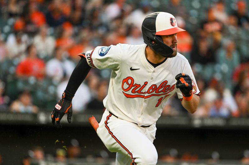Sep 3, 2024; Baltimore, Maryland, USA;  Baltimore Orioles outfielder Colton Cowser (17) runs out a first inninrbi single against the Chicago White Sox at Oriole Park at Camden Yards. Mandatory Credit: Tommy Gilligan-Imagn Images