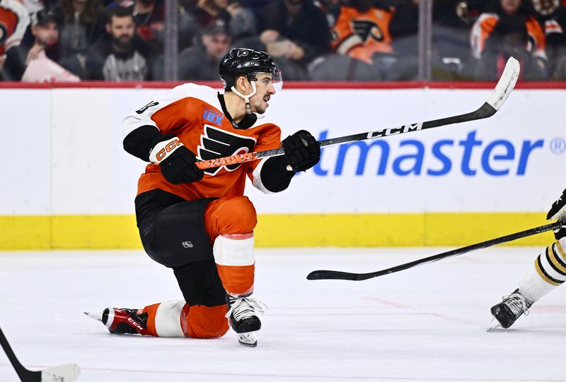 Jan 27, 2024; Philadelphia, Pennsylvania, USA; Philadelphia Flyers center Morgan Frost (48) shoots against the Boston Bruins in the second period at Wells Fargo Center. Mandatory Credit: Kyle Ross-USA TODAY Sports