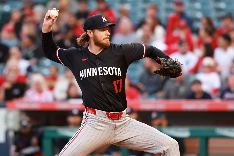 Apr 26, 2024; Anaheim, California, USA;  Minnesota Twins pitcher Bailey Ober (17) pitches during the first inning against the Los Angeles Angels at Angel Stadium. Mandatory Credit: Kiyoshi Mio-USA TODAY Sports