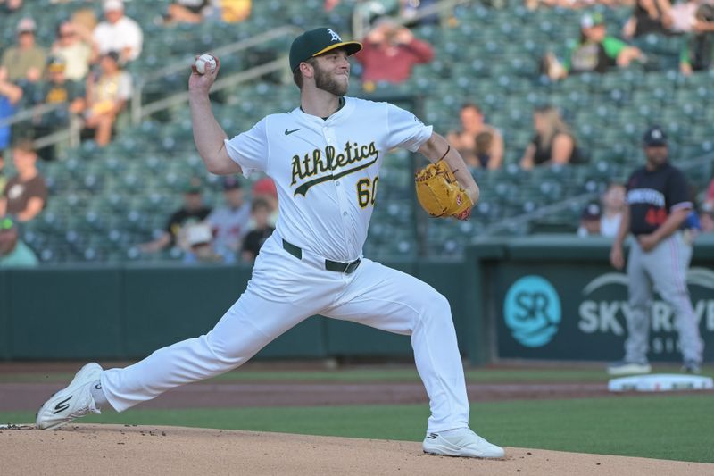 Jun 4, 2025; West Sacramento, California, USA; Athletics pitcher Justin Sterner (60) throws a pitch during the first inning against the Minnesota Twins at Sutter Health Park. Mandatory Credit: Ed Szczepanski-Imagn Images