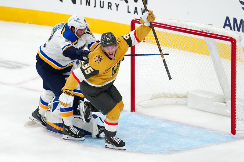 Oct 11, 2024; Las Vegas, Nevada, USA; Vegas Golden Knights right wing Victor Olofsson (95) celebrates after center Nicolas Roy (10) scored a goal against the St. Louis Blues during the third period at T-Mobile Arena. Mandatory Credit: Stephen R. Sylvanie-Imagn Images