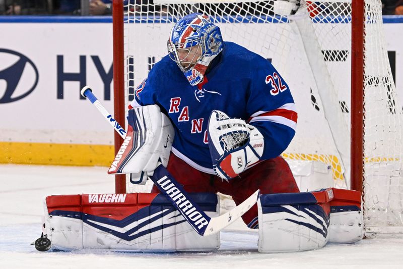 Feb 5, 2024; New York, New York, USA;  New York Rangers goaltender Jonathan Quick (32) makes a save against the Colorado Avalanche during the second period at Madison Square Garden. Mandatory Credit: Dennis Schneidler-USA TODAY Sports