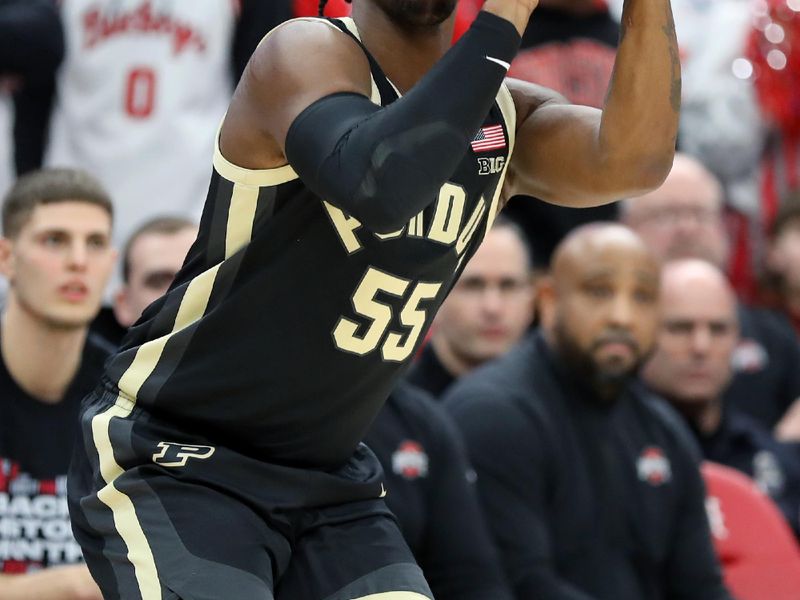 Feb 18, 2024; Columbus, Ohio, USA;  Purdue Boilermakers guard Lance Jones (55) shoots the ball during the first half against the Ohio State Buckeyes at Value City Arena. Mandatory Credit: Joseph Maiorana-USA TODAY Sports