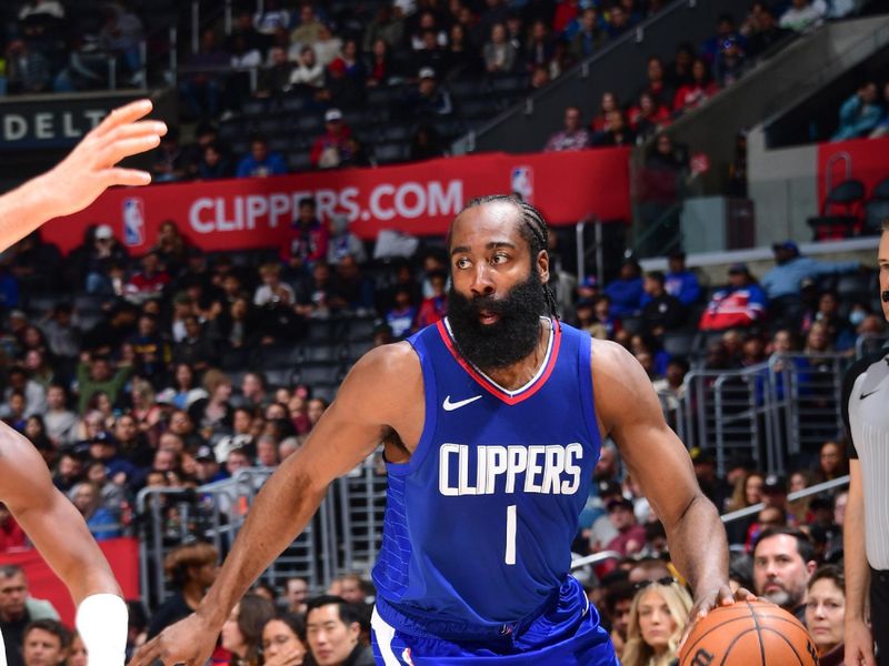 LOS ANGELES, CA - APRIL 5:  James Harden #1 of the LA Clippers goes to the basket during the game on April 5, 2024 at Crypto.Com Arena in Los Angeles, California. NOTE TO USER: User expressly acknowledges and agrees that, by downloading and/or using this Photograph, user is consenting to the terms and conditions of the Getty Images License Agreement. Mandatory Copyright Notice: Copyright 2024 NBAE (Photo by Adam Pantozzi/NBAE via Getty Images)