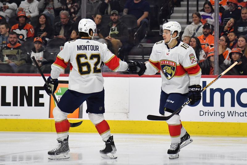 Mar 24, 2024; Philadelphia, Pennsylvania, USA; Florida Panthers right wing Vladimir Tarasenko (10) celebrates his goal with defenseman Brandon Montour (62) against the Philadelphia Flyers during the second period at Wells Fargo Center. Mandatory Credit: Eric Hartline-USA TODAY Sports