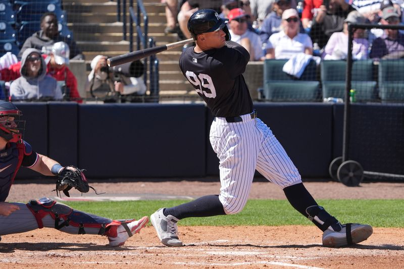 Mar 6, 2025; Tampa, Florida, USA; New York Yankees outfielder Aaron Judge (99) flies out against the Minnesota Twins during the third inning at George M. Steinbrenner Field. Mandatory Credit: Dave Nelson-Imagn Images