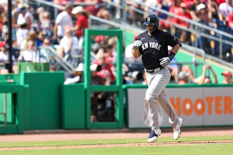 Mar 4, 2025; Clearwater, Florida, USA; New York Yankees first baseman Paul Goldschmidt (48) runs the bases after hitting a two run home run against the Philadelphia Phillies in the third inning during spring training at BayCare Ballpark. Mandatory Credit: Nathan Ray Seebeck-Imagn Images