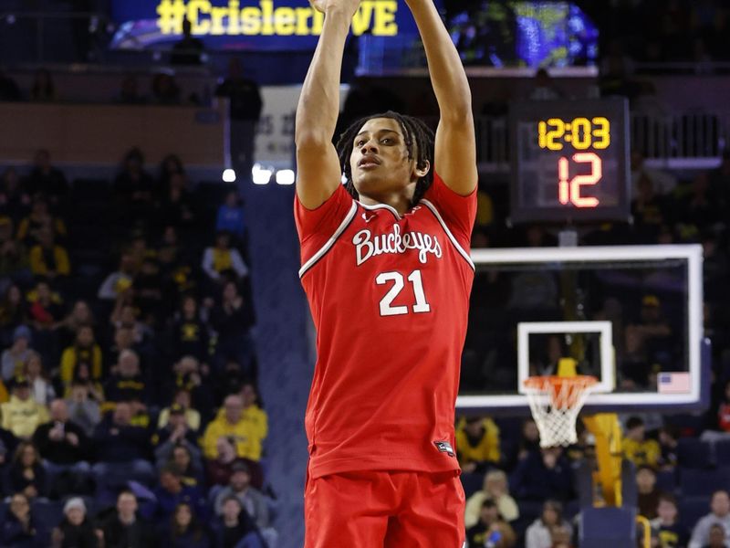 Jan 15, 2024; Ann Arbor, Michigan, USA; Ohio State Buckeyes forward Devin Royal (21) shoots in the second half against the Michigan Wolverines at Crisler Center. Mandatory Credit: Rick Osentoski-USA TODAY Sports