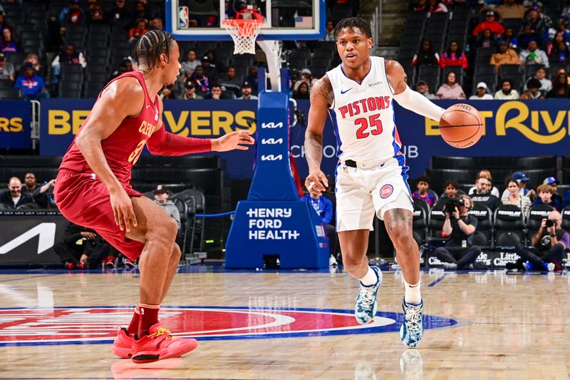 DETROIT, MI - OCTOBER 16: Marcus Sasser #25 of the Detroit Pistons dribbles the ball during the game on October 16, 2024 at Little Caesars Arena in Detroit, Michigan. NOTE TO USER: User expressly acknowledges and agrees that, by downloading and/or using this photograph, User is consenting to the terms and conditions of the Getty Images License Agreement. Mandatory Copyright Notice: Copyright 2024 NBAE (Photo by Chris Schwegler/NBAE via Getty Images)