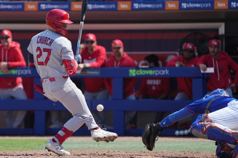 Feb 25, 2026; Port St. Lucie, Florida, USA;  St. Louis Cardinals left fielder Nathan Church (27) gets hit by a pitch in the second inning against the New York Mets at Clover Park. Mandatory Credit: Jim Rassol-Imagn Images
