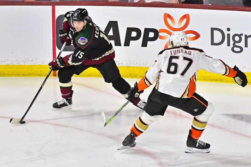 Oct 21, 2023; Tempe, Arizona, USA;  Arizona Coyotes center Alexander Kerfoot (15) carries the puck as Anaheim Ducks defenseman Tristan Luneau (67) defends in the first period at Mullett Arena. Mandatory Credit: Matt Kartozian-USA TODAY Sports