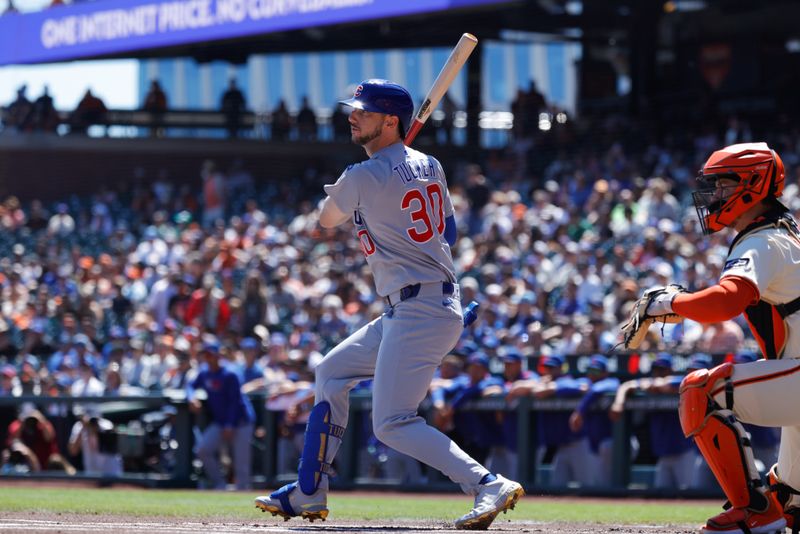Aug 28, 2025; San Francisco, California, USA; Chicago Cubs designated hitter Kyle Tucker (30) hits a single during the first inning against the San Francisco Giants at Oracle Park. Mandatory Credit: Sergio Estrada-Imagn Images