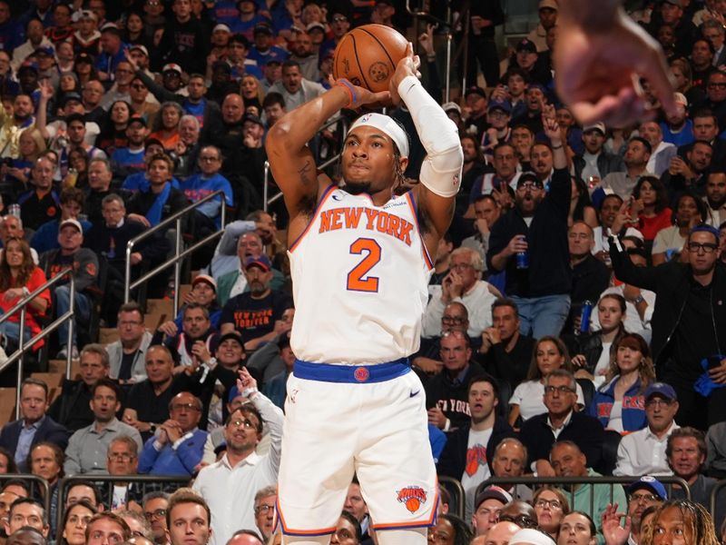 NEW YORK, NY - MAY 21:  Miles McBride #2 of the New York Knicks shoots a three point basket during the game against the Indiana Pacers  during Game 1 of the 2025 Eastern Conference Finals on May 21, 2025 at Madison Square Garden in New York City, New York.  NOTE TO USER: User expressly acknowledges and agrees that, by downloading and or using this photograph, User is consenting to the terms and conditions of the Getty Images License Agreement. Mandatory Copyright Notice: Copyright 2025 NBAE  (Photo by Jesse D. Garrabrant/NBAE via Getty Images)