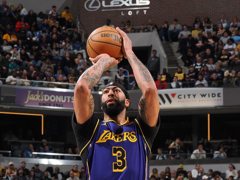 INDIANAPOLIS, IN - MARCH 29: Anthony Davis #3 of the Los Angeles Lakers shoots a free throw during the game against the Indiana Pacers on March 29, 2024 at Gainbridge Fieldhouse in Indianapolis, Indiana. NOTE TO USER: User expressly acknowledges and agrees that, by downloading and or using this Photograph, user is consenting to the terms and conditions of the Getty Images License Agreement. Mandatory Copyright Notice: Copyright 2024 NBAE (Photo by Ron Hoskins/NBAE via Getty Images)