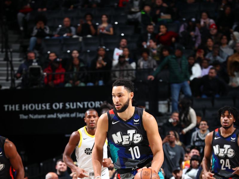 BROOKLYN, NY - JANUARY 29: Ben Simmons #10 of the Brooklyn Nets dribbles the ball during the game against the Utah Jazz on January 29, 2024 at Barclays Center in Brooklyn, New York. NOTE TO USER: User expressly acknowledges and agrees that, by downloading and or using this Photograph, user is consenting to the terms and conditions of the Getty Images License Agreement. Mandatory Copyright Notice: Copyright 2024 NBAE (Photo by David L. Nemec/NBAE via Getty Images)