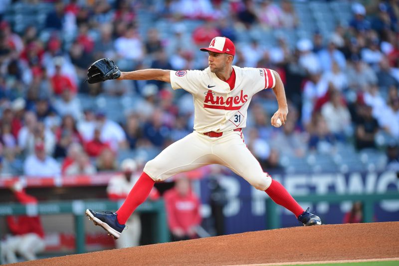 May 27, 2025; Anaheim, California, USA; Los Angeles Angels pitcher Tyler Anderson (31) throws against the New York Yankees during the first inning at Angel Stadium. Mandatory Credit: Gary A. Vasquez-Imagn Images