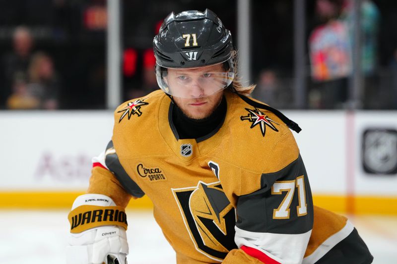May 8, 2025; Las Vegas, Nevada, USA;Vegas Golden Knights center William Karlsson (71) warms up before game two of the second round of the 2025 Stanley Cup Playoffs against the Edmonton Oilers at T-Mobile Arena. Mandatory Credit: Stephen R. Sylvanie-Imagn Images