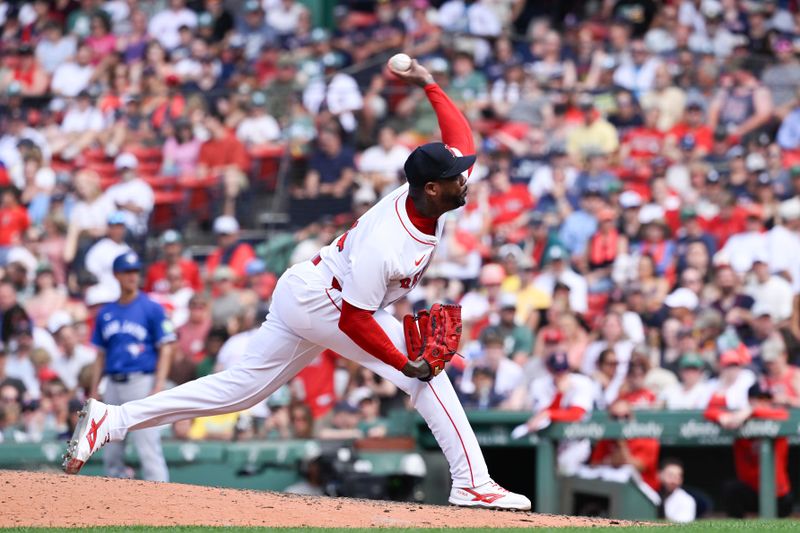 Jun 29, 2025; Boston, Massachusetts, USA; Boston Red Sox relief pitcher Aroldis Chapman (44) pitches against the Toronto Blue Jays during the ninth inning at Fenway Park. Mandatory Credit: Eric Canha-Imagn Images