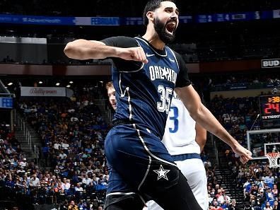 ORLANDO, FL - NOVEMBER 6: Goga Bitadze #35 of the Orlando Magic celebrates during the game against the Dallas Mavericks on November 6, 2023 at Amway Center in Orlando, Florida. NOTE TO USER: User expressly acknowledges and agrees that, by downloading and or using this photograph, User is consenting to the terms and conditions of the Getty Images License Agreement. Mandatory Copyright Notice: Copyright 2023 NBAE (Photo by Fernando Medina/NBAE via Getty Images)