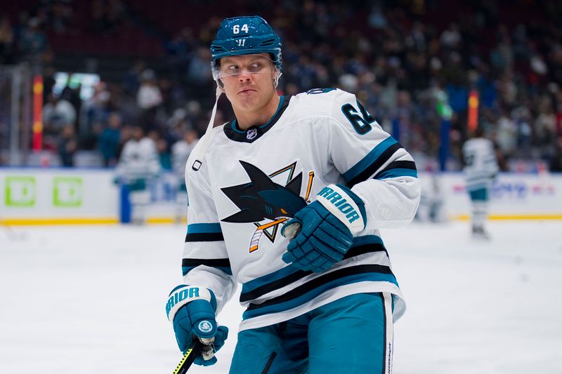 Dec 23, 2023; Vancouver, British Columbia, CAN; San Jose Sharks forward Mikael Granlund (64) skates during warm up prior to a game against the Vancouver Canucks at Rogers Arena. Mandatory Credit: Bob Frid-USA TODAY Sports