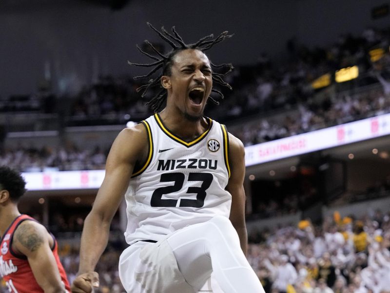 Mar 4, 2023; Columbia, Missouri, USA; Missouri Tigers forward Aidan Shaw (23) celebrates against the Mississippi Rebels after dunking the ball during the first half at Mizzou Arena. Mandatory Credit: Denny Medley-USA TODAY Sports