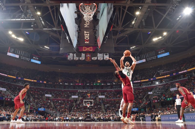 CLEVELAND, OH - DECEMBER 1: Jayson Tatum #0 of the Boston Celtics shoots the ball during the game against the Cleveland Cavaliers on December 1, 2024 at Rocket Mortgage FieldHouse in Cleveland, Ohio. NOTE TO USER: User expressly acknowledges and agrees that, by downloading and/or using this Photograph, user is consenting to the terms and conditions of the Getty Images License Agreement. Mandatory Copyright Notice: Copyright 2024 NBAE (Photo by David Liam Kyle/NBAE via Getty Images)