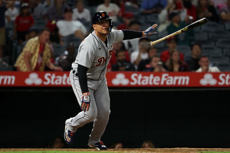 Sep 16, 2023; Anaheim, California, USA;  Detroit Tigers designated hitter Miguel Cabrera (24) hits an RBI single during the tenth inning against the Los Angeles Angels at Angel Stadium. Mandatory Credit: Kiyoshi Mio-USA TODAY Sports