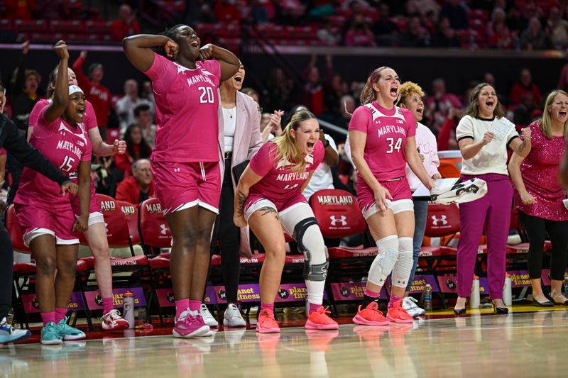 Jan 31, 2024; College Park, Maryland, USA;  Maryland Terrapinsx bench reacts after a  guard Bri McDaniel (not pictured) backset during the second half against the Indiana Hoosiers at Xfinity Center. Mandatory Credit: Tommy Gilligan-USA TODAY Sports