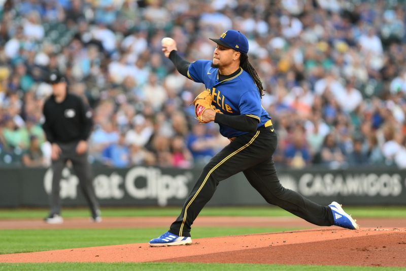 Aug 11, 2023; Seattle, Washington, USA; Seattle Mariners starting pitcher Luis Castillo (58) pitches to the Baltimore Orioles during the first inning at T-Mobile Park. Mandatory Credit: Steven Bisig-USA TODAY Sports