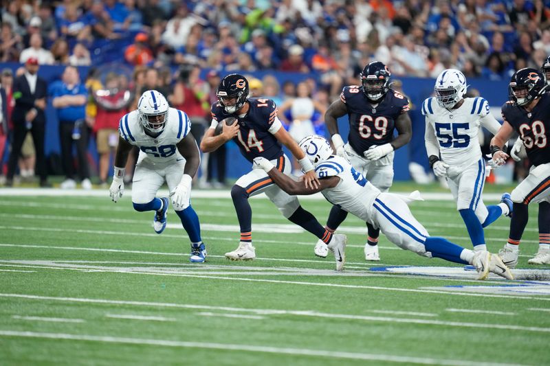 Chicago Bears quarterback Nathan Peterman (14) in action during an NFL preseason football game between the Chicago Bears and the Indianapolis Colts in Indianapolis, Saturday, Aug. 19, 2023. (AP Photo/Michael Conroy)