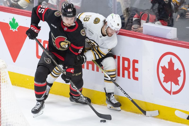 Jan 25, 2024; Ottawa, Ontario, CAN; Ottawa Senators defenseman Jake Sanderson (85) battles with Boston Bruins center Pavel Sacha (18) in the third period at the Canadian Tire Centre. Mandatory Credit: Marc DesRosiers-USA TODAY Sports