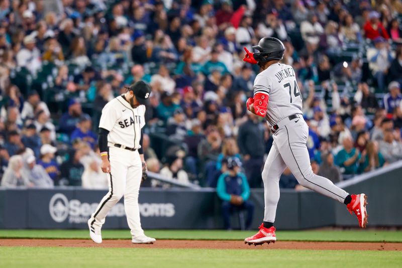 Jun 17, 2023; Seattle, Washington, USA; Chicago White Sox designated hitter Eloy Jimenez (74) runs the bases after hitting a solo-home run against the Seattle Mariners during the second inning at T-Mobile Park. Mandatory Credit: Joe Nicholson-USA TODAY Sports