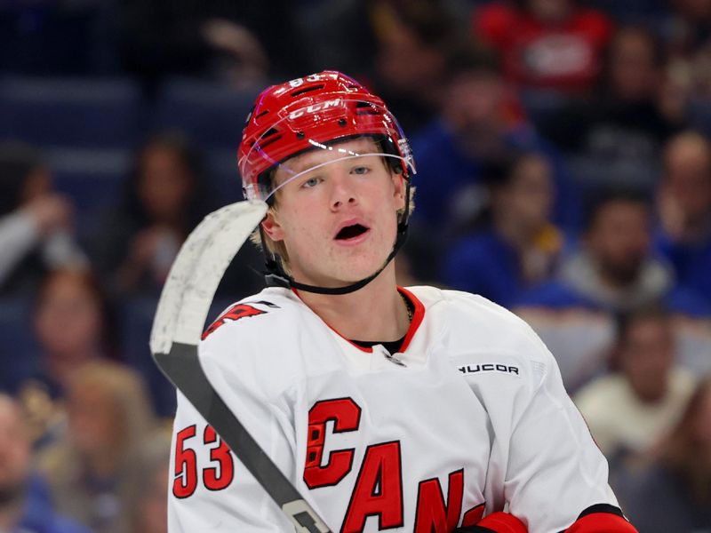 Jan 15, 2025; Buffalo, New York, USA;  Carolina Hurricanes right wing Jackson Blake (53) during a stoppage in play against the Buffalo Sabres at KeyBank Center. Mandatory Credit: Timothy T. Ludwig-Imagn Images