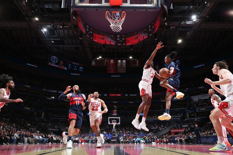 WASHINGTON, DC -? NOVEMBER 26: Bilal Coulibaly #0 of the Washington Wizards passes the ball during the game against the Chicago Bulls during the Emirates NBA Cup game on November 26, 2024 at Capital One Arena in Washington, DC. NOTE TO USER: User expressly acknowledges and agrees that, by downloading and or using this Photograph, user is consenting to the terms and conditions of the Getty Images License Agreement. Mandatory Copyright Notice: Copyright 2024 NBAE (Photo by Stephen Gosling/NBAE via Getty Images)