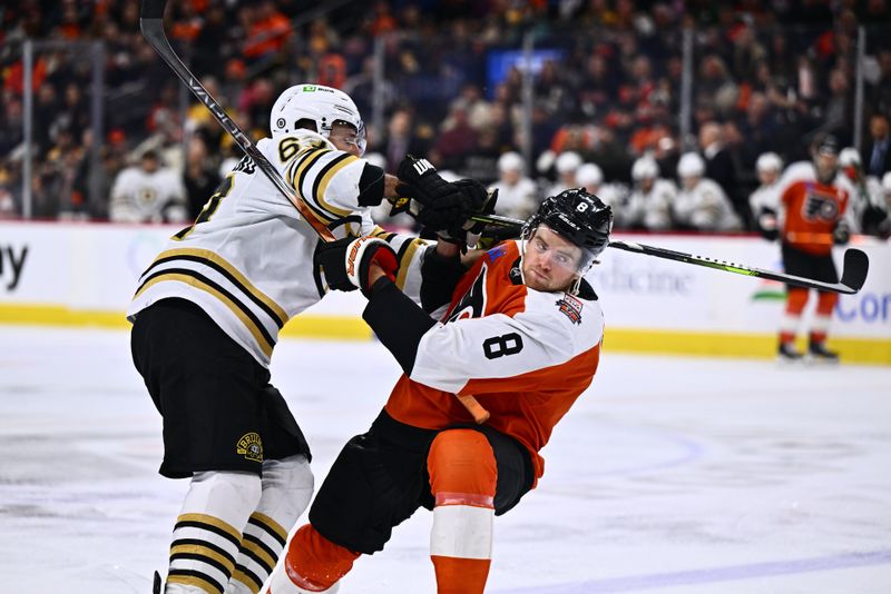 Jan 27, 2024; Philadelphia, Pennsylvania, USA; Boston Bruins left wing Brad Marchand (63) hits Philadelphia Flyers defenseman Cam York (8) in the third period at Wells Fargo Center. Mandatory Credit: Kyle Ross-USA TODAY Sports