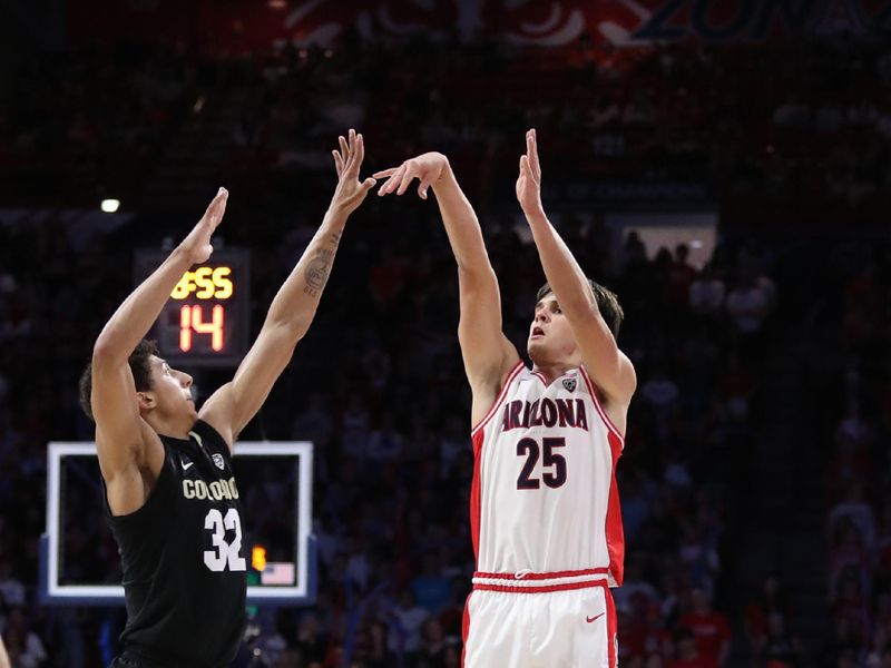 Feb 18, 2023; Tucson, Arizona, USA; Arizona Wildcats guard Kerr Kriisa (25) shoots a basket against Colorado Buffaloes guard Nique Clifford (32) during the second half at McKale Center. Mandatory Credit: Zachary BonDurant-USA TODAY Sports