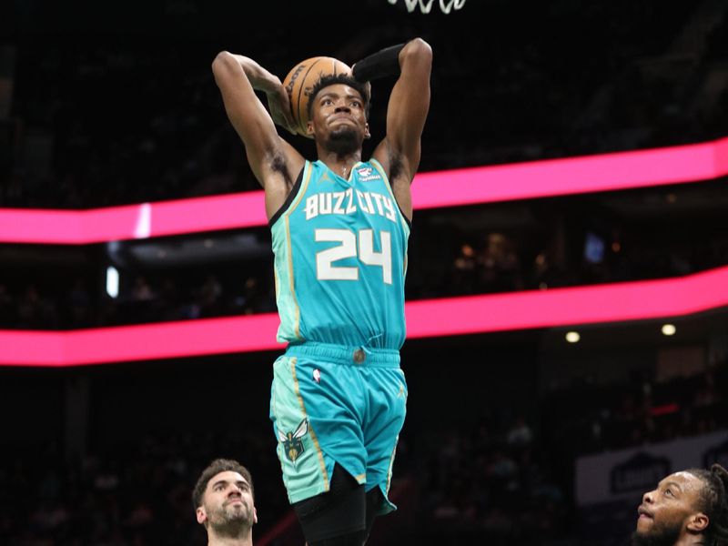 CHARLOTTE, NC - MARCH 27: Brandon Miller #24 of the Charlotte Hornets dunks the ball during the game against the Cleveland Cavaliers on March 27, 2024 at Spectrum Center in Charlotte, North Carolina. NOTE TO USER: User expressly acknowledges and agrees that, by downloading and or using this photograph, User is consenting to the terms and conditions of the Getty Images License Agreement.  Mandatory Copyright Notice:  Copyright 2024 NBAE (Photo by Brock Williams-Smith/NBAE via Getty Images)