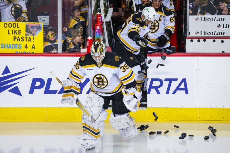 Feb 28, 2023; Calgary, Alberta, CAN; Boston Bruins goaltender Linus Ullmark (35) takes the ice during the warmup period against the Calgary Flames at Scotiabank Saddledome. Mandatory Credit: Sergei Belski-USA TODAY Sports