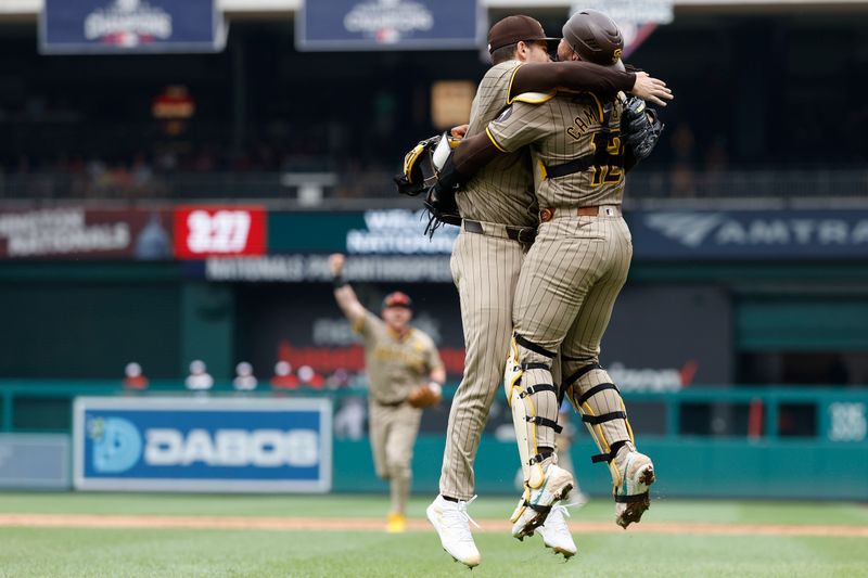 Jul 25, 2024; Washington, District of Columbia, USA; San Diego Padres starting pitcher Dylan Cease (84) celebrates with Padres catcher Luis Campusano (12) after the final out of a no-hitter against the Washington Nationals at Nationals Park. Mandatory Credit: Geoff Burke-USA TODAY Sports