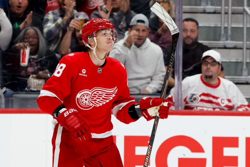 Oct 15, 2025; Detroit, Michigan, USA;  Detroit Red Wings right wing Patrick Kane (88) celebrates after he scores in the second period against the Florida Panthers at Little Caesars Arena. Mandatory Credit: Rick Osentoski-Imagn Images