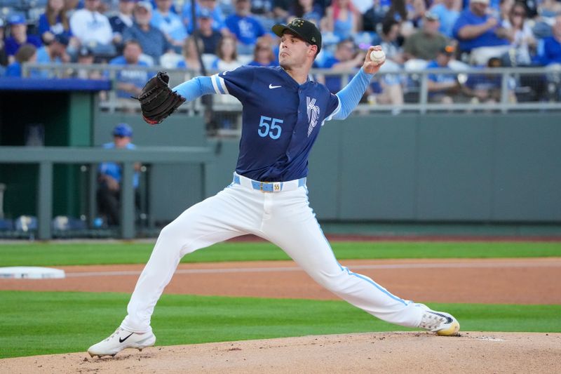 May 17, 2024; Kansas City, Missouri, USA; Kansas City Royals starting pitcher Cole Ragans (55) delivers a pitch against the Oakland Athletics in the first inning at Kauffman Stadium. Mandatory Credit: Denny Medley-USA TODAY Sports