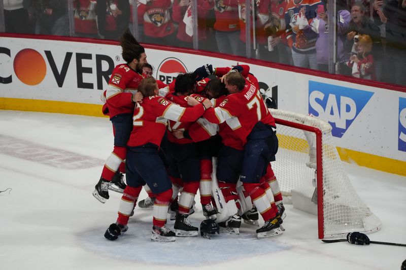 Jun 24, 2024; Sunrise, Florida, USA; Florida Panthers celebrate winning against the Edmonton Oilers in game seven of the 2024 Stanley Cup Final at Amerant Bank Arena. Mandatory Credit: Jim Rassol-USA TODAY Sports