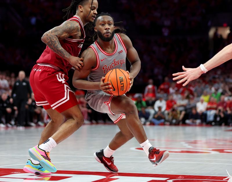 Mar 7, 2026; Columbus, Ohio, USA; Ohio State Buckeyes guard Bruce Thornton (2) looks to pass the ball as Indiana Hoosiers guard Lamar Wilkerson (3) defends during the second half at Value City Arena. Mandatory Credit: Joseph Maiorana-Imagn Images