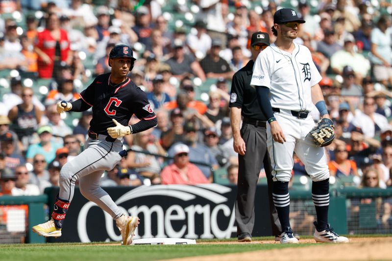 Sep 18, 2025; Detroit, Michigan, USA;  Cleveland Guardians shortstop Brayan Rocchio (4) rounds third after he hits a triple in the sixth inning against the Detroit Tigers  at Comerica Park. Mandatory Credit: Rick Osentoski-Imagn Images