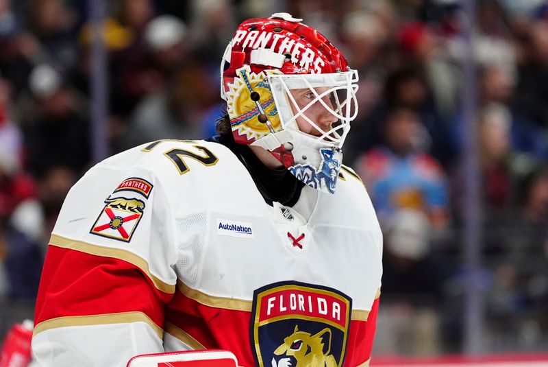 Jan 6, 2025; Denver, Colorado, USA; Florida Panthers goaltender Sergei Bobrovsky (72) during the second period against the Colorado Avalanche at Ball Arena. Mandatory Credit: Ron Chenoy-Imagn Images