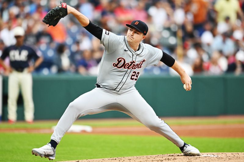 Jul 22, 2024; Cleveland, Ohio, USA; Detroit Tigers starting pitcher Tarik Skubal (29) throws a pitch during the first inning against the Cleveland Guardians at Progressive Field. Mandatory Credit: Ken Blaze-USA TODAY Sports